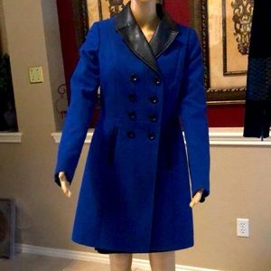 Navy blue with leather trim wool jacket.